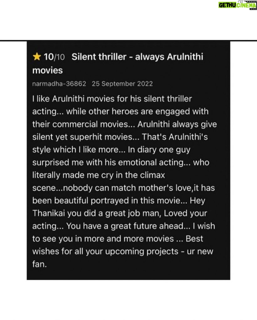 VJ Thanigai Instagram - #diary #imdb #review ❤️🙏 Now streaming on @ahatamil 🥰