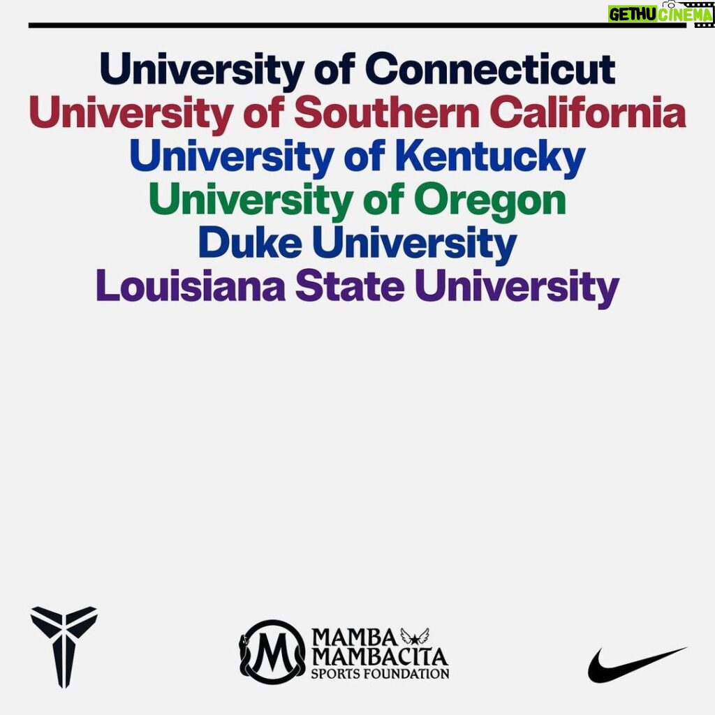 Vanessa Laine Bryant Instagram - We are grateful for the amazing support of these prestigious universities (in no particular order) towards the Mamba & Mambacita Sports Foundation - to further the legacies of Kobe and Gigi! So excited to see their players wearing Kobe and Gigi’s NIKE shoes this upcoming season!!! @mambamambacitasports @nikebasketball