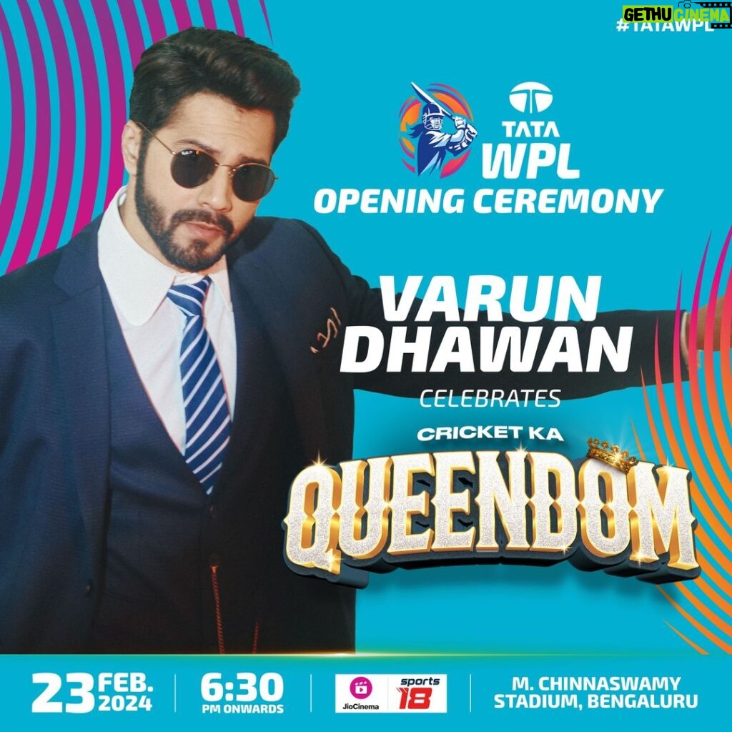 Varun Dhawan Instagram - Yeh Kingdom nahin, Ab Queendom Hai! Join @varundvn as he fights for the Crown for his Queendom! 🤩 Watch #TATAWPL 2024 Opening Ceremony on @officialjiocinema & @sports18.official LIVE from the M. Chinnaswamy Stadium, Bengaluru. 🗓️ 23rd Feb ⏰ 6.30 pm 🎟️ WPLT20.COM