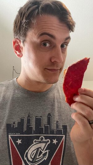 Victor Travagliante Instagram - 2nd attempt at making beef jerky - @mckenzienmitchell upgraded my dehydrator and purchased @lemproducts - HUGE difference! 🥩 #MyWifeforMVP #BeefJerky #Homemade