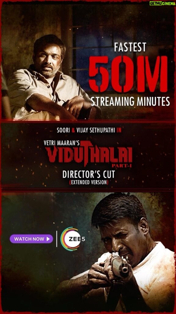 Vijay Sethupathi Instagram - “Celebrating the ⚡Fastest 50 million streaming minutes😍 of Viduthalai Part 1 Director’s cut an Extended version , streaming now 🎬on ZEE5. #VetriMaaran @actorvijaysethupathi @soorimuthuchamy @elredkumar @rsinfotainment @bhavanisre @chetan_k_a @r.velraj.isc @dirrajivmenon @gauthamvasudevmenon #GrassRootFilmCompany @mani.rsinfo @sonymusic_south @zee5global #Viduthalai #ViduthalaiOnZEE5 #VetriMaaransCutOfViduthalai #ExtendedVersionOfViduthalai #ZEE5Tamil