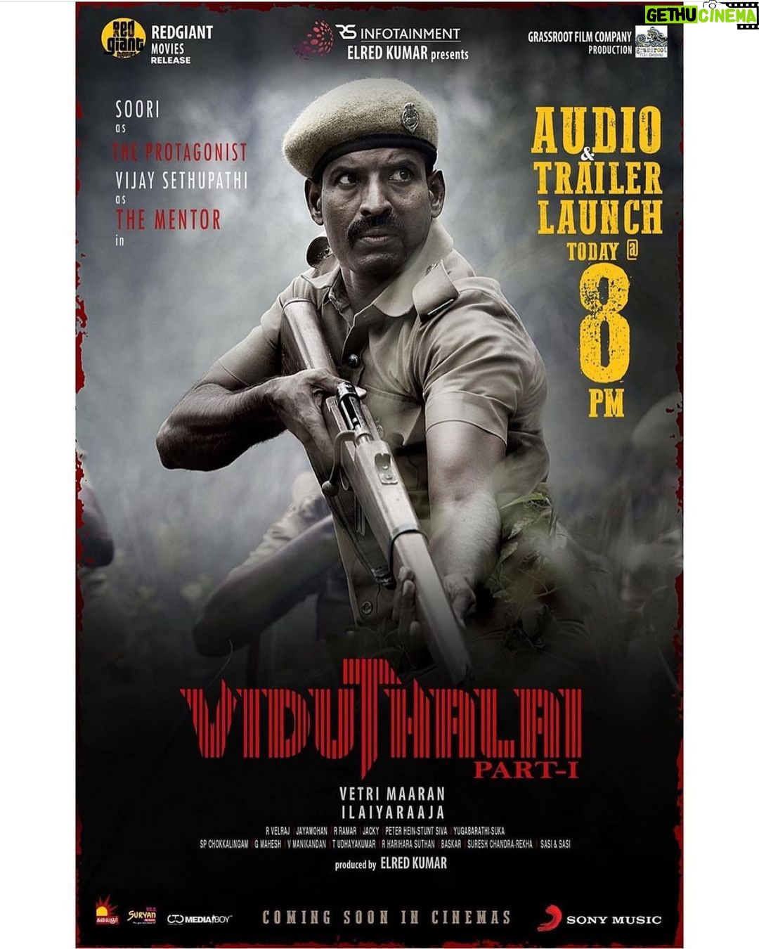 Vijay Sethupathi Instagram - Director #VetriMaaran 's #ViduthalaiPart1 Audio & Trailer from today @ 8⃣ PM. #ilaiyaraaja Musical @soorimuthuchamy @elredkumar @rsinfotainment @bhavanisre @r.velraj.isc @dirrajivmenon @gauthamvasudevmenon #jackson #GrassRootFilmCompany @redgiantmovies_ @mani.rsinfo @sonymusic_south @donechannel1 @abdulspost @ctcmediaboy