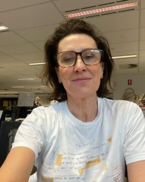 Virginia Trioli Instagram - Sitting in @nickcaveofficial ‘s Mercy Seat on #ausmusictshirtday - a beloved lockdown purchase when I discovered that Nick had online merch, featuring his original lyric notes. 
Please donate to @supportact and support #ausmusic - buy a ticket and turn up for the people who have soundtracked our lives.
@triple_j #music #melbourne