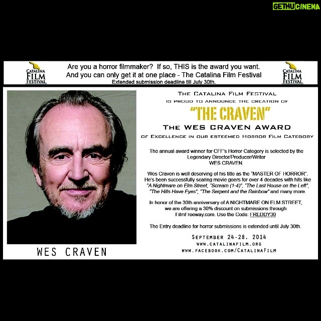 Wes Craven Instagram - Are you a horror filmmaker? If so, THIS is the award you want - The Craven. Submit through 7/30/14. @CatalinaFilm #festival