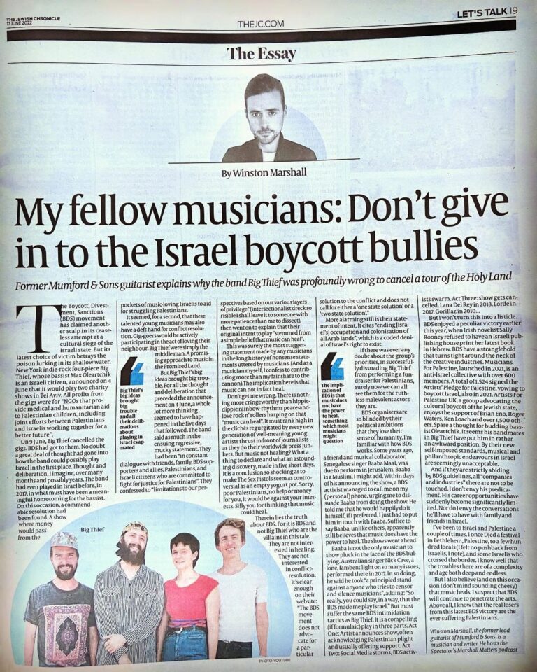 Winston Marshall Instagram - Palestinians are the real losers in latest Israel boycott ✍️ me for @thejewishchronicle