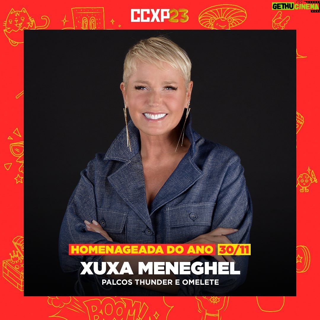 Xuxa Instagram - ❌❌ Ela marcou um X nos nossos corações e está pronta pra ser a Rainha da #CCXP23! ❌❌ Xuxa influenciou a cultura pop do Brasil, encantou gerações de baixinhos e baixinhas e é a grande homenageada na edição de 10 anos da CCXP! Vamos relembrar sua carreira, desde o Xou da Xuxa até o sucesso internacional e falar sobre seu momento atual de empreendedora e defensora de causas sociais. Dia 30 de novembro, na abertura da CCXP, nos palcos Thunder e Omelete! 💋💋 Um beijo pro papai, pra mamãe e outro especialmente pra ela! 💋💋