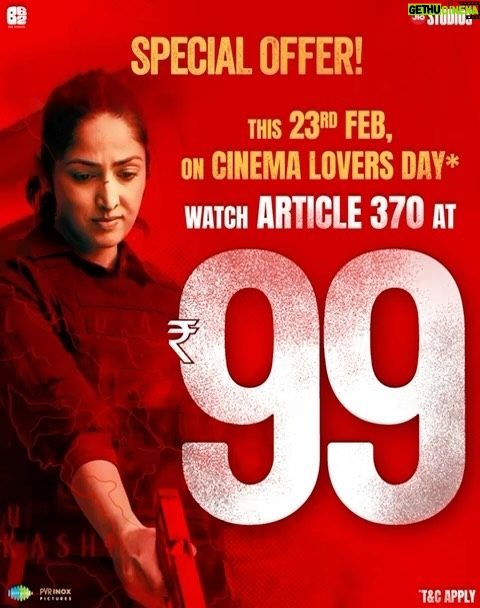 Yami Gautam Instagram - A remarkable release day offer for a riveting narrative! Get your ticket at Rs. 99 on cinema lovers day. #Article370 releasing in cinemas on 23rd February. #YamiGautam #PriyaMani @vaibhav.tatwawaadi @siyaramkijai #KiranKarmarkar @rajarjunofficial @skand_thakur @ashwinikoul93 @irawatimayadev @ashwani.1204 @divyasethshah @sumitkaul10 @adityasuhasjambhale #JyotiDeshpande @adityadharfilms @dhar_lokesh #JioStudios #B62Studios #Saregama @pvrpictures @the_willing_fundamentalist @arj.writer @aarshvora @puneetwaddan @shashwatology @shivkumarpanicker @sidvasanity @mukeshchhabracc @yantrapd @veerakapuree