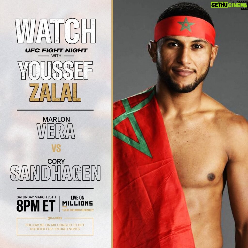 Youssef Zalal Instagram - On Saturday, March 25th at 8:00pm ET, I’m going to be hosting a #FREE WatchParty for UFC Fight Night: Vera vs. Sandhagen. I’ll be going live on @millionsdotco and I’ll be answering questions, giving my commentary, and watching with you! Link is in my bio to sign up for the FREE WatchParty with me, brought to you by @millionsdotco Denver, Colorado
