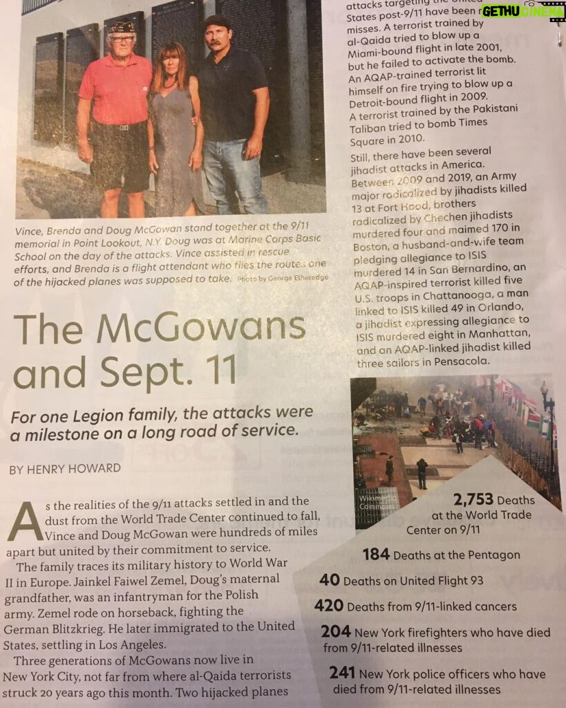 Zach McGowan Instagram - 20 years ago today. Never forget. This is an article about my family that day in the current American legion magazine which is not printed online but you can listen to here: https://www.legion.org/sites/legion.org/files/legion/audio/07-9-11AmericasTurningPoint-TheMcGowansAndSept11.mp3 Through it all my family continues to remember, grow and move forward. ❤️🇺🇸