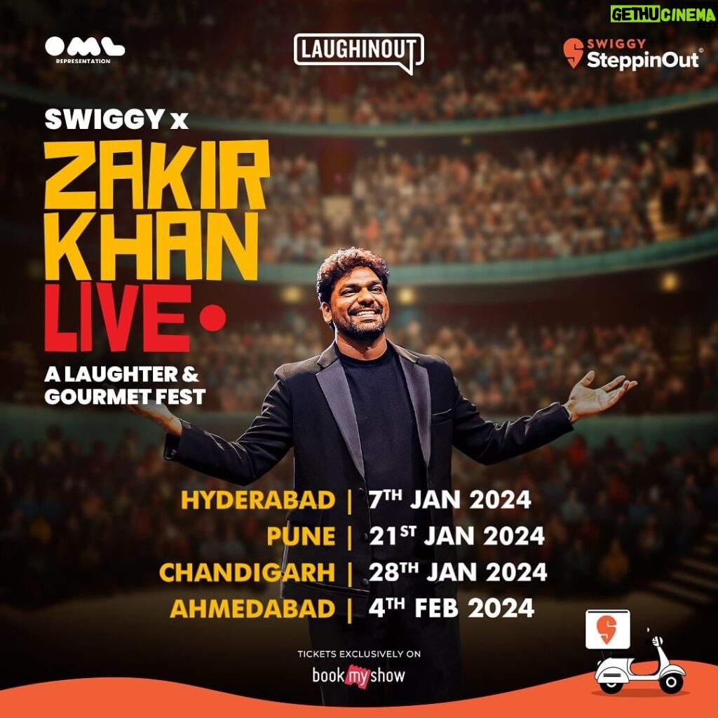 Zakir Khan Instagram - #India Nayi kahaniya leke aa raha hu aapke paas❤️ Starting 2024 with a new tour: Swiggy × Zakir Khan Live✨ Coming to 4 cities with lots of love, stories, and laughter 🤩 #Mumbai, #Delhi and #Surat Aapke paas bhi ayenge jald hi! Aajao. Ticket link in bio. #steppinout #laughinout #zakirkhan #zakirkhanlive #indiatour