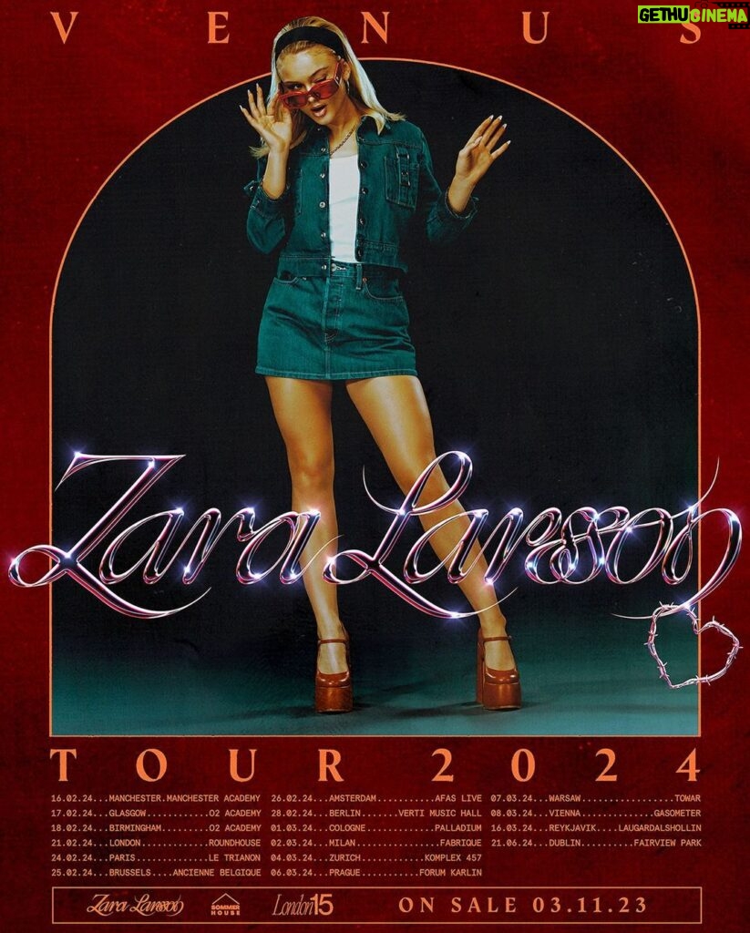 Zara Larsson Instagram - I’m going on tour!!!! Venus tour hits the road in 2024. UK! Pre order the album via the link in my bio to secure a pre sale spot on October 31st for the Venus Tour. And for everyone else!!! Pre sale will be live 10am local time on November 1st. General on sale 10am local time November 3rd 🪄