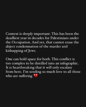 Zoe Lister-Jones Instagram - Tried to write something. My heart breaks for Israel and Palestine.