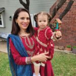 Zoe Viccaji Instagram - Eid in Austin! With my two lovelies and new adopted family! Beautiful red outfits on me and Lyla were sent all the way from a Pakistan by @mariabofficial !! Thank you so much 😊 eid Mubarak everyone, hope you all had a love filled day ❤️