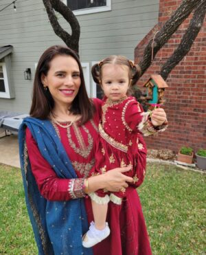 Zoe Viccaji Instagram - Eid in Austin! With my two lovelies and new adopted family! Beautiful red outfits on me and Lyla were sent all the way from a Pakistan by @mariabofficial !! Thank you so much 😊 eid Mubarak everyone, hope you all had a love filled day ❤️