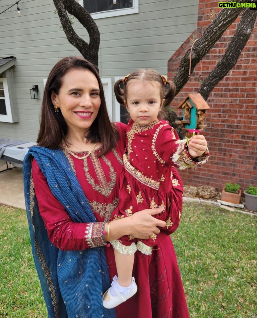 Zoe Viccaji Instagram - Eid in Austin! With my two lovelies and new adopted family! Beautiful red outfits on me and Lyla were sent all the way from a Pakistan by @mariabofficial !! Thank you so much 😊 eid Mubarak everyone, hope you all had a love filled day ❤️