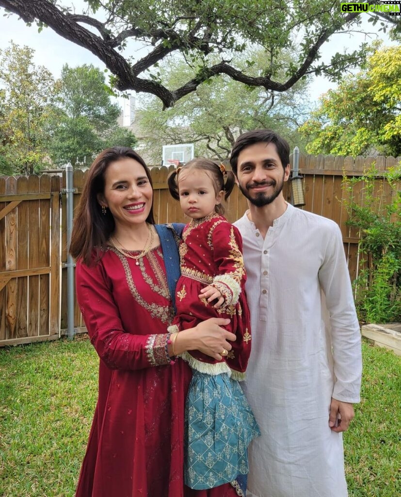 Zoe Viccaji Instagram - Eid in Austin! With my two lovelies and new adopted family! Beautiful red outfits on me and Lyla were sent all the way from a Pakistan by @mariabofficial !! Thank you so much 😊 eid Mubarak everyone, hope you all had a love filled day ❤