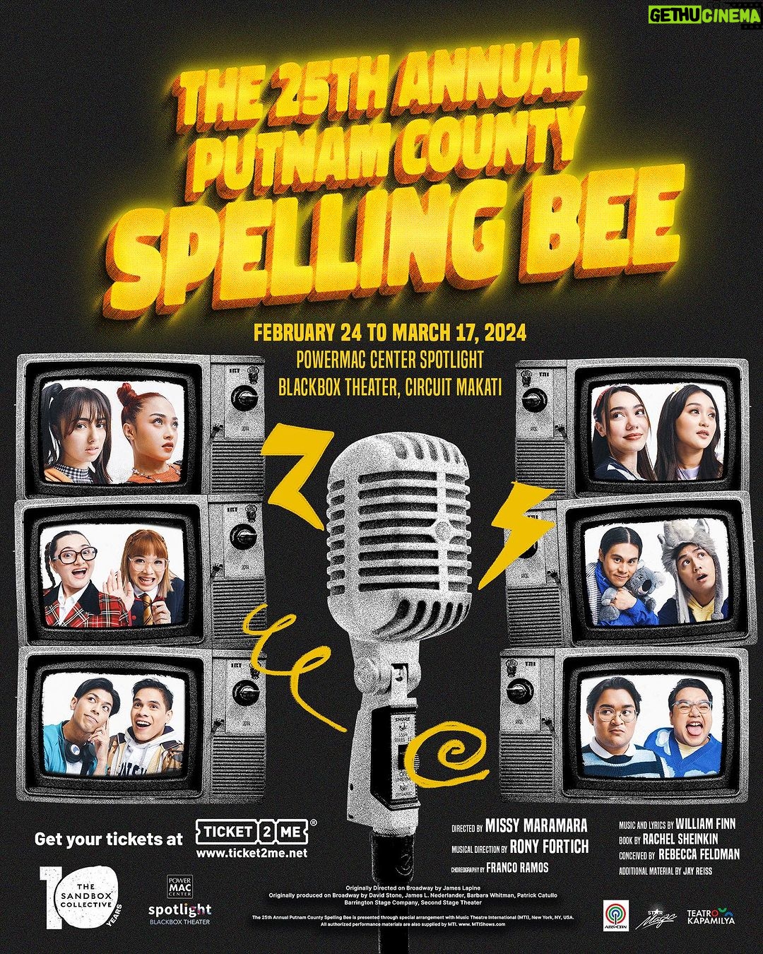 AC Bonifacio Instagram - welcome to the bee π On its 10th Anniversary, The Sandbox Collective proudly presents The 25th Annual Putnam County Spelling Bee: An Interactive Musical Comedy! The show will run all weekends from February 24 to March 17 at the PMCS Black Box Theater, Circuit Makati. Tickets are now available online through Ticket2Me and through our showbuyers listed on Instagram. For inquiries, DM @thesandboxco on Instagram or message +63 917 152 5560. See you at the bee!π #SpellSandbox2024 #SandboxNowAndTen photos @corrorrorro !!
