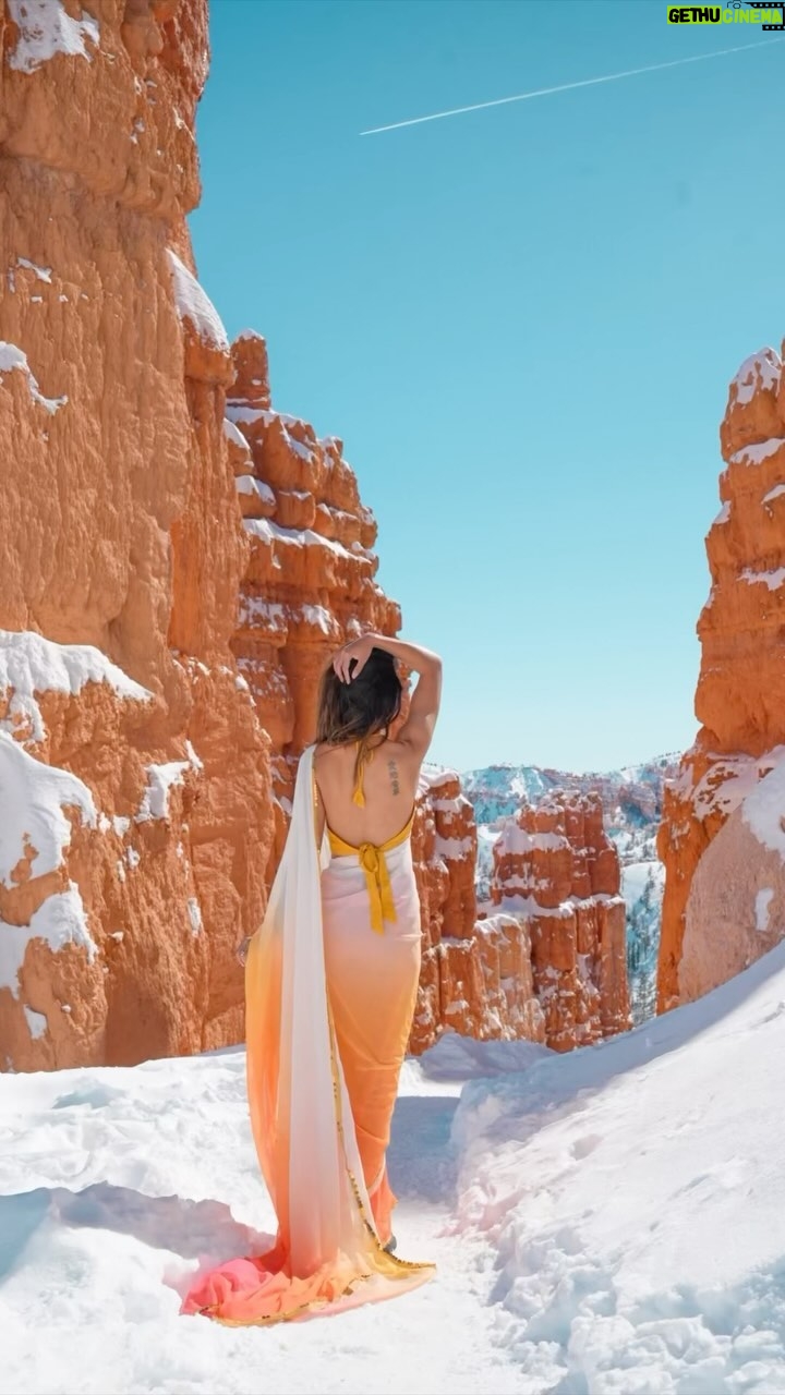 Aakriti Rana Instagram - Wearing saree in another country is so much fun! I shot this at Bryce Canyon National Park after trekking in extreme snow. So many people passed by while I was shooting this and ALL of them complimented the saree. A lot of them knew what I was wearing and that it’s called a saree ❤️ Also, loving how the place is complementing the colours of the saree. I got it for just Rs. 850 from Amazon in a hurry while leaving for this trip. COMMENT below if you want the LINK 😀 #aakritirana #saree #usa #brycecanyon #utah #indianwear #proudindian #outfitoftheday #rockyandranikipremkahani #aliabhatt #aliabhattsari #reelsindia