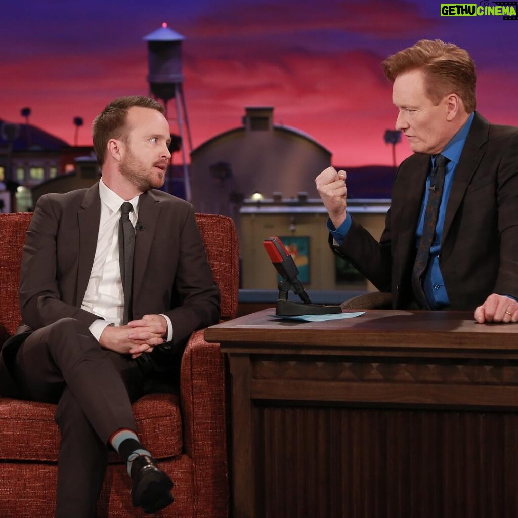 Aaron Paul Instagram - It looks like we are about to throw down in this picture but there was nothing but love on the show tonight. Tune in tonight and watch @teamcoco and I talk about things. Such a beautiful man he is.