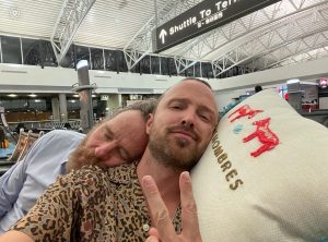 Aaron Paul Instagram - This @doshombres tour is just beginning. I need a nap. 

Thank you @witchery_stitchery for my new traveling pillow. @bryancranston still insists on sleeping on my shoulder. 

Thank you for the love everyone. We have had the best time serving up some drinks and raising a glass with all of you.

LFG

Fastest growing Mezcal in the game!🥃🚀