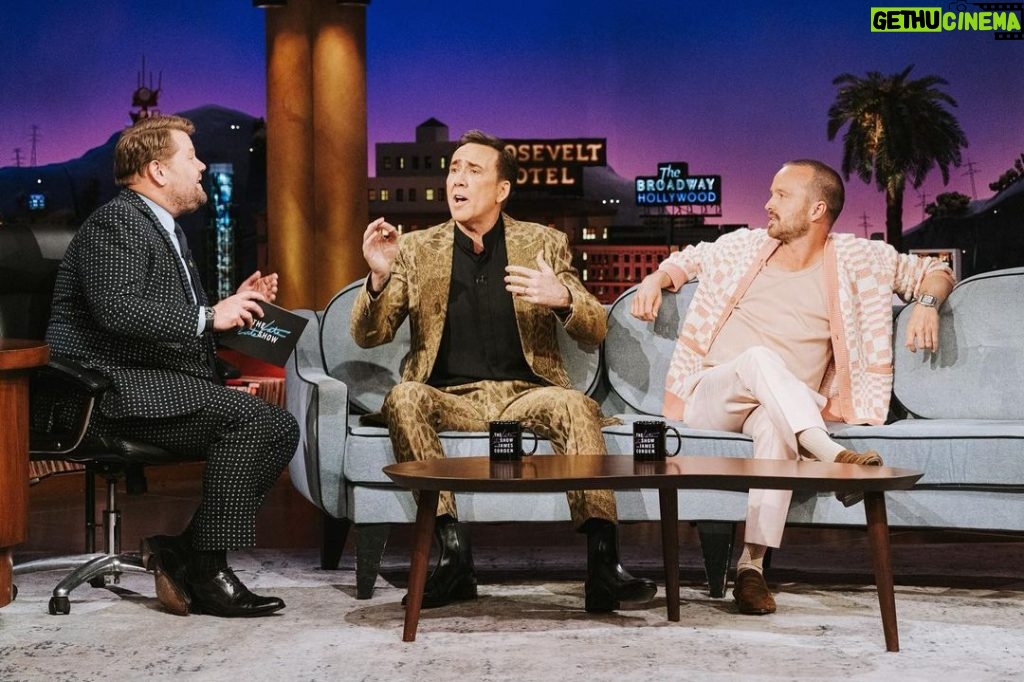 Aaron Paul Instagram - Got to hang with the one and only Nicolas Cage this evening with the incredible @j_corden. Tune in to @latelateshow this evening to hear me talk all things @dualmovieofficial and my obsession with Cage. I may look calm in this photo but on the inside I was freaking out.