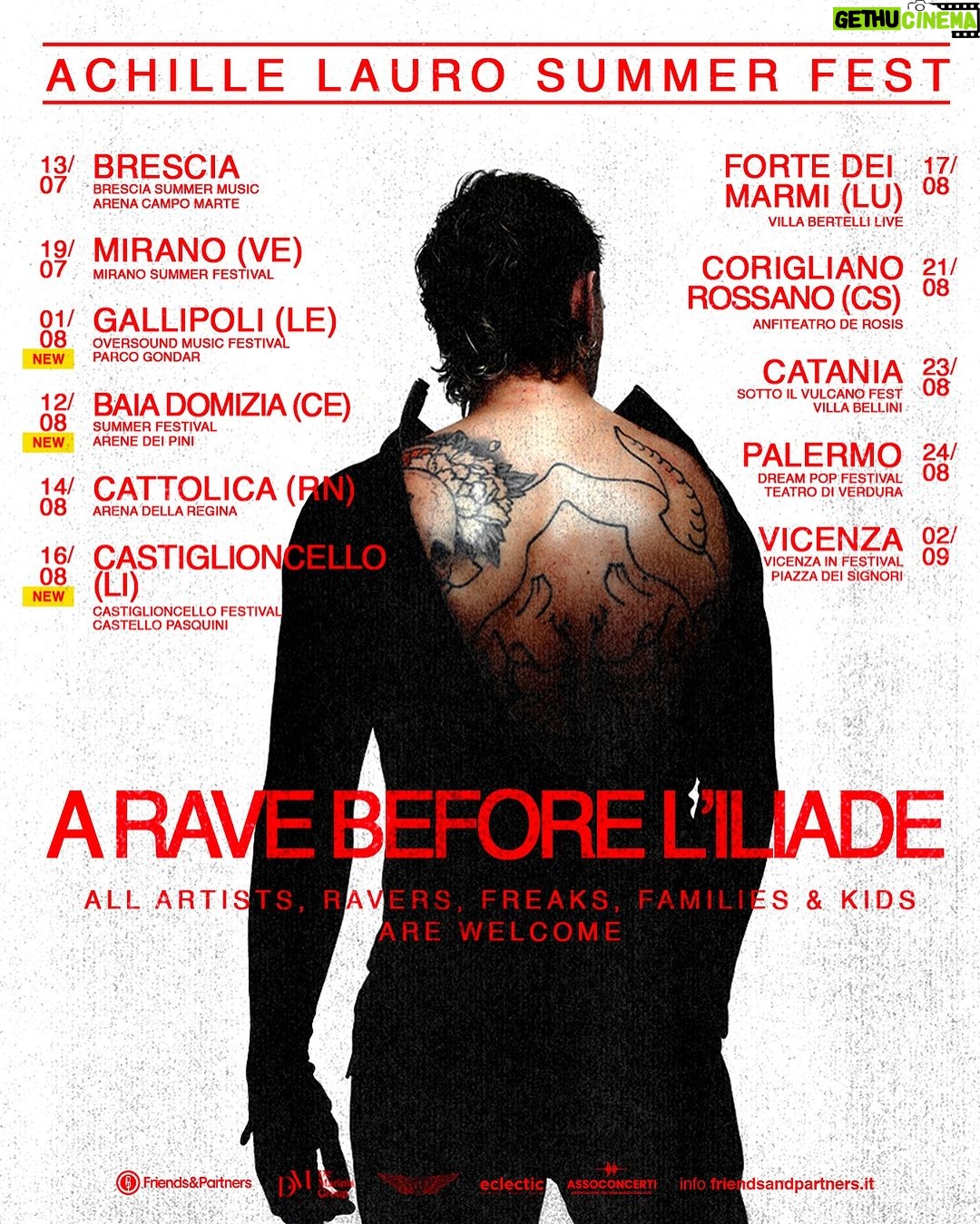 Achille Lauro Instagram - NUOVE DATE SUMMER TOUR BIGLIETTI FUORI ORA In attesa della grande Iliade nei palazzetti a Ottobre, eccovi alcune nuove date estive. XCLUSIVE RAVE. ALL ARTISTS, RAVERS, FREAKS, FAMILIES & KIDS ARE WELCOME