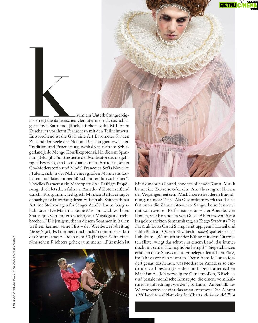 Achille Lauro Instagram - “Oh Boy Italo-Popstar Achille Lauro” @HarpersBazaarGERMANY, una delle riviste di moda internazionale più eleganti e provocatorie in circolazione. @gucci One of the most stylish and provocative international fashion magazines wrote a piece about me, my way of seeing music and my latest participation at Sanremo Festival 2020. “Über ein Kulturphänomen, das Stil und Haltung zeigt” “Un fenomeno culturale con stile e attitude.” Ph @luca_damelio_obe Germany