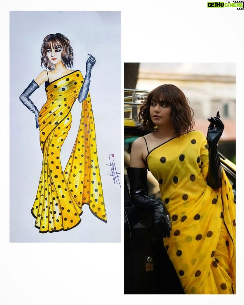 Adah Sharma Instagram - I tried a fashion illustration of @adah_ki_adah 💛 She's looking pretty in vibrant yellow saree adorned with bold black dots, complemented by long black leather gloves 🖤💛 . . . . . . . . . . . . . . . . . #adahsharma #fashionillustration #fashiondesigner #niftmumbai #nift #adahsharmafan #art #artistsoninstagram #fashionsketch #niftian Nift Mumbai