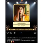 Adah Sharma Instagram – Best Actress on an audience poll jeetna matlab 💃💃💃💃💃💃💃thank you audience ❤️❤️❤️