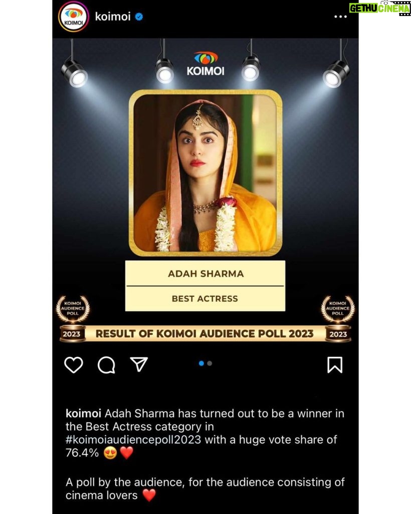 Adah Sharma Instagram - Best Actress on an audience poll jeetna matlab 💃💃💃💃💃💃💃thank you audience ❤️❤️❤️