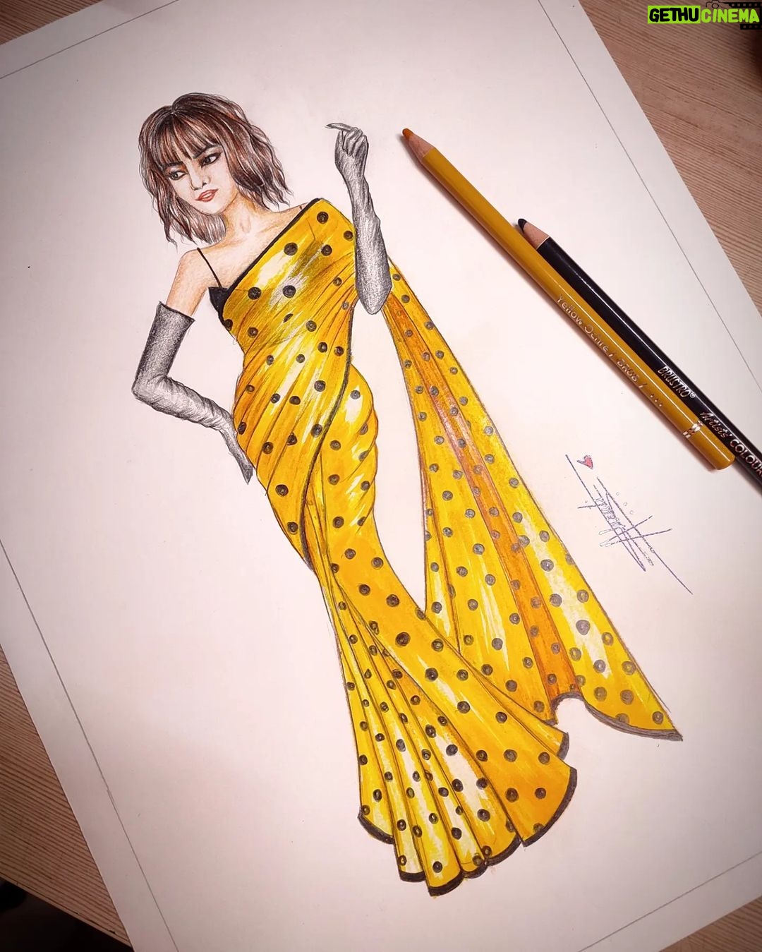 Adah Sharma Instagram - I tried a fashion illustration of @adah_ki_adah 💛 She's looking pretty in vibrant yellow saree adorned with bold black dots, complemented by long black leather gloves 🖤💛 . . . . . . . . . . . . . . . . . #adahsharma #fashionillustration #fashiondesigner #niftmumbai #nift #adahsharmafan #art #artistsoninstagram #fashionsketch #niftian Nift Mumbai