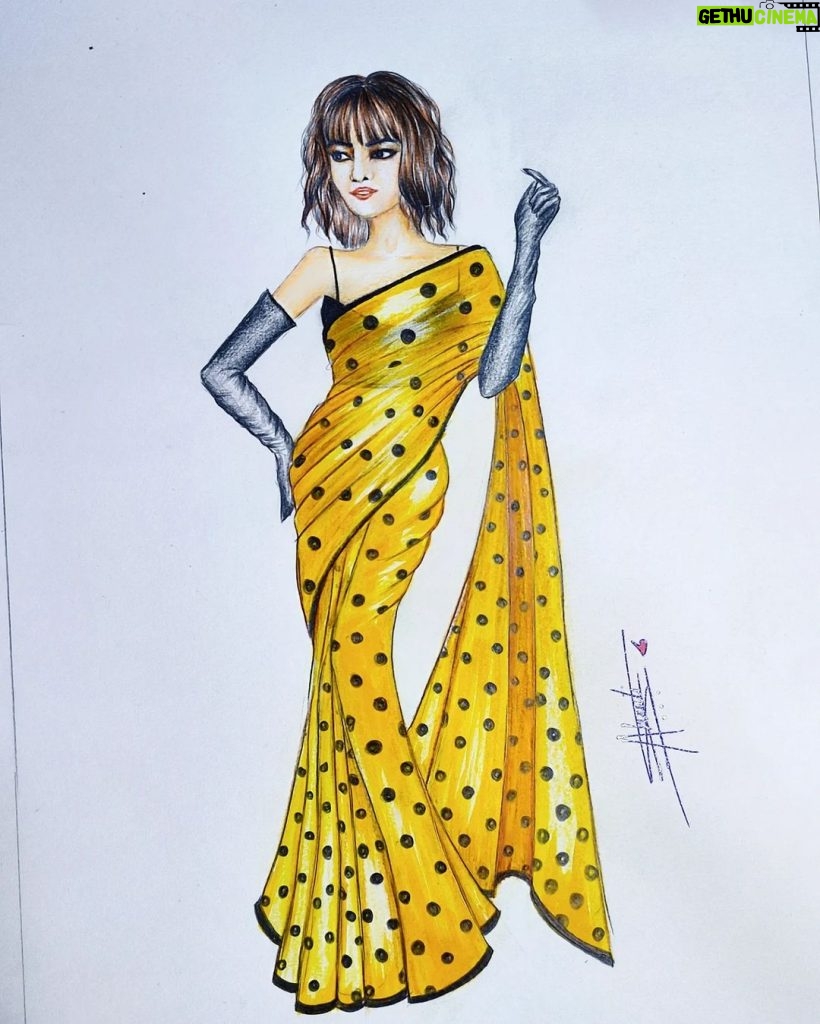 Adah Sharma Instagram - I tried a fashion illustration of @adah_ki_adah 💛 She's looking pretty in vibrant yellow saree adorned with bold black dots, complemented by long black leather gloves 🖤💛 . . . . . . . . . . . . . . . . . #adahsharma #fashionillustration #fashiondesigner #niftmumbai #nift #adahsharmafan #art #artistsoninstagram #fashionsketch #niftian Nift Mumbai