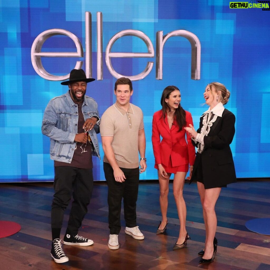 Adam Devine Instagram - Ya boy is back hosting Ellen today! I don’t know what I’m saying here but I’m sure it was borderline inappropriate. I. WALK. THAT. LINE. I loved playing the part of host. Thanks to Ellen and her whole staff for having me. So much fun with my girl @nina and her bestie @juleshough! Also… big thanks to @chloebridges for allowing me to smash a pie in her face on national television. Whoopsieeee
