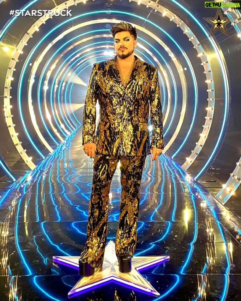 Adam Lambert Instagram - Living like it's always golden hour for the @StarstruckUK finale 🌟 As styled by @JamesYardley Suit by @helenanthonyofficial Necklace by @butlerandwilson Boots by @shopsyro and @banglondon Touch Up Glam by @themakeuplady