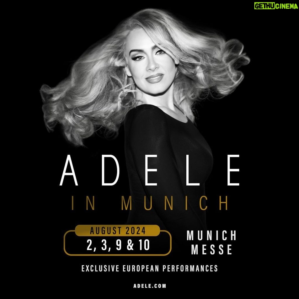 Adele Instagram - So a few months ago I got a call about a summer run of shows. I’ve been content as anything with my shows in London’s Hyde Park and my residency in Vegas, so I hadn’t had any other plans. However, I was too curious to not follow up and indulge in this idea - a one off, bespoke pop-up stadium designed around whatever show I want to put on? Ohh!? Pretty much slap bang in the middle of Europe? In Munich? That’s a bit random, but still fabulous! Right after the Euros? Come on England! With the Olympics next door? Go on Simone! And some of my favourite artists playing shows too? Why…YES!! I haven’t played in Europe since 2016! I couldn’t think of a more wonderful way to spend my summer and end this beautiful phase of my life and career with shows closer to home during such an exciting summer. Guten Tag babes x   For further details, please visit Adele.com