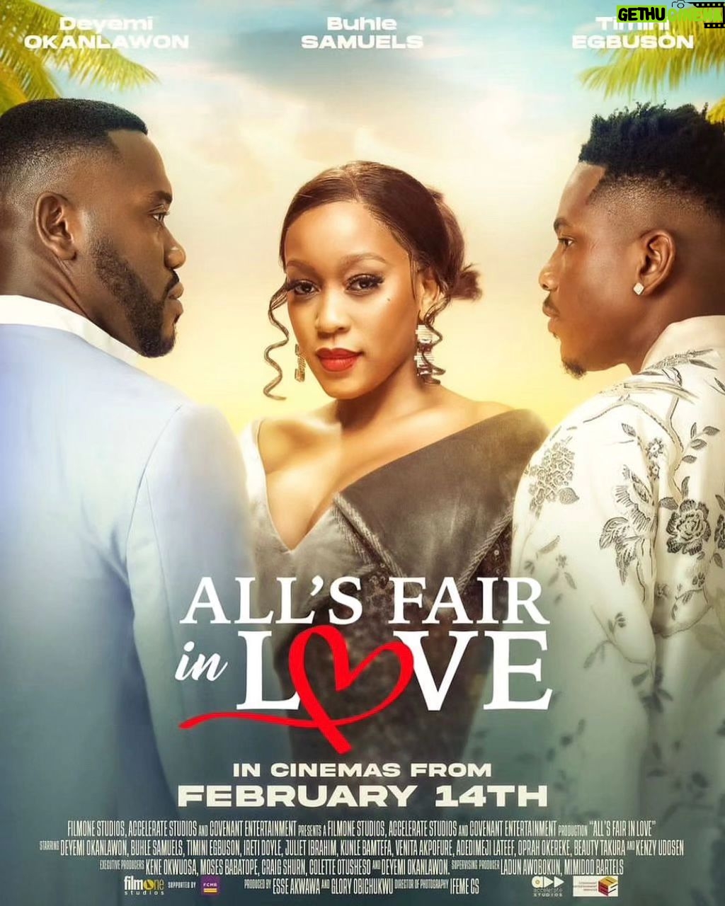 Adesua Etomi-Wellington Instagram - Head out to the cinemas to watch the hottest movie out now. @deyemitheactor also just had a new baby. School fees isn't cheap. Let's support him biko. @_timini (owner of cinema) is doing thing once again. Take you people and let them take their people to support them. Thank youuu ❤️❤️❤️ Love knows no rules… Demi and Kanla are living the dream – successful fashion business and an unbreakable friendship. As Mbali joins their company, secrets unravel. ' . #AllIsFairInLove in cinemas Nationwide #Feb14th. The must-watch movie this February! . Producers: @deyemitheactor @finding_gloryo @esserocks . Production companies: @filmonestudios @covenantentertainment @accelerate_tv . Cast @deyemitheactor @_timini @buhlesamuels @iretidoyle @julietibrahim @kunlebamtefa @adedimejilateef @veezeebaybeh @beautytukura @thegbubemiejeye @kenzy.udosen @iamdanielabua @ms_oprah @timi_oj . Cast Chaperone - @nanceemaurice Head Hairstylist - @uniquehairaffairs Welfare Coordinator - @graceuniquepalace Medic - @Chy_dy_nma Production Coordinator - @Joshua_bakare @Kingemomineroghenehenry Continuity Assistant/Clapper loader Script Supervisor/continuity - @frankekwem 1st AD - @adeniyi_demola 2nd AD -@idladipo Production Manager - @Koleosho_hismaheel @mc_scofyshort Sound recordist - @iamolabodeodeyemi Boom operator 1 - @finest_soundz Boom Oprator 2 - @tijabrahim Gaffer - @creativedavidwalter Hod make-up - @decheerbeauty Assistant makeup - @prettybyjoyce BTS/film photography - @zurielfilmz Chaperone-female lead- @Toluwani.olusola Costume Designer - @yolandaokereke Production Designer - @bisolaomolade1 Art Director - @adebayobadeji Props Standby - @remy_visuals Set Dresser - @wismodu Set Standby - @strictly_oluwadamilare 1st AC/FocusPuller - @basquiat_ii Props Master - @Baha_gram Logistics company - @iseoluwa_co_logistics services Location Manager - @mc_scofyshort Associate Producer: @cliowendy56 Production Assistant - @ayoo_lahabeeb . This movie is distributed by @filmoneng