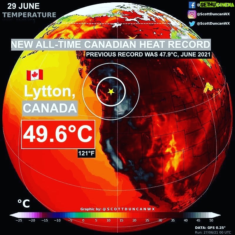 Aidan Gallagher Instagram - #Repost from: @scottduncanwx - I didn't think it was possible, not in my lifetime anyway. +49.6°C in Canada 🇨🇦 That is 121°F! This is the story of the Canadian heat record that was crushed on 3 consecutive days by an unfathomable margin of +4.6°C (+8°F). This moment will be talked about for centuries. #BCheat #heatwave #canada #climatechange Toronto, Ontario