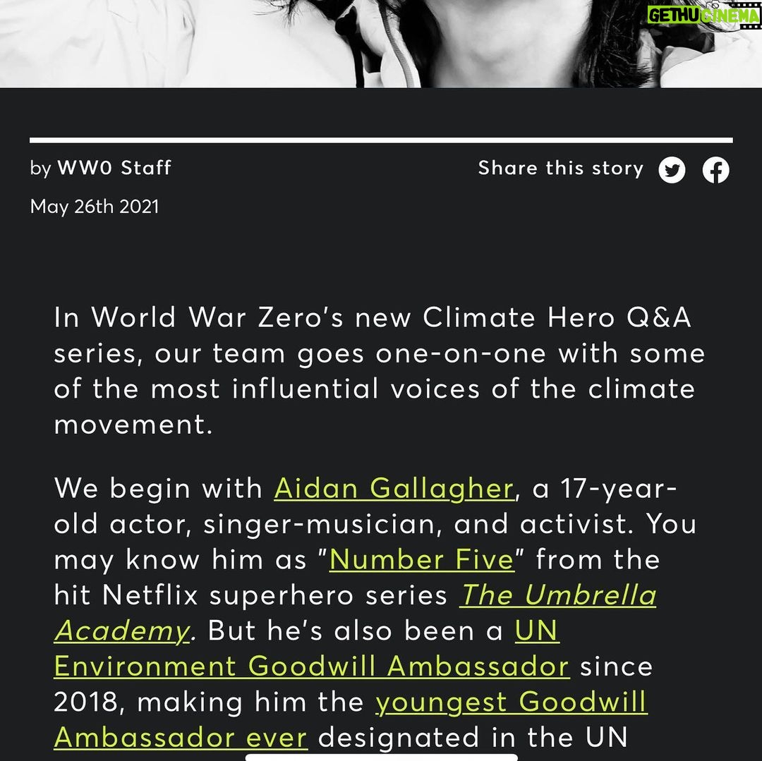 Aidan Gallagher Instagram - Check out my new interview in FRONT LINES Magazine: https://worldwarzero.com/magazine/2021/05/climate-hero-q-and-a-1-aidan-gallagher/