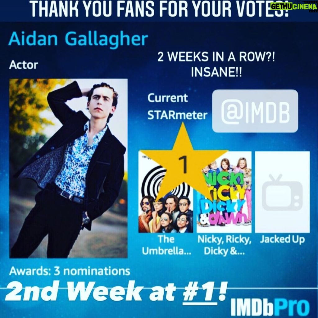 Aidan Gallagher Instagram - 2 weeks at #1 on IMDb.com! Thank you fans for the love! Write your questions below in the comments for my upcoming Q&A video on YouTube! Go subscribe to my YouTube channel and hit the bell button for notifications!