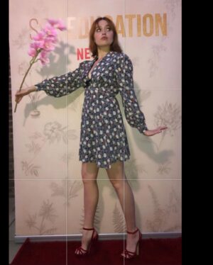 Aimee Lou Wood Instagram - @sexeducation VIRTUAL PREMIERE FEAT HERO @patrickwilson 
@emilywoodmakeup 
@emmalanestylist 
@miumiu 
@jimmychoo