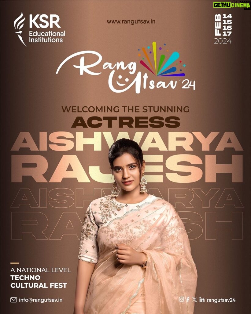 Aishwarya Rajesh Instagram - I’m coming to Tiruchengode to attend the biggest college fest of the year, Rangutsav24, which is being hosted by KSR Educational Institutions and promises to be exciting with over 100 events, music concerts, sports, startups, and more. Get your tickets now and come celebrate with me from Feb 14–17. Also, you could win up to Rs. 20 lakhs. Creatives and event conceptualization by @vimi_magic & @vimieventsofficial Event Hosted by @ksreducationalinstitutions Register Now: https://rangutsav.in/ #RangUtsav #rangutsav24 #technofest2024 #technoculturefest #nationalleveltechnoculturalfest #ksr #ksrei See you all there!