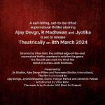 Ajay Devgn Instagram - Things are about to take a supernatural turn. Witness the trio of myself, R Madhavan & Jyotika in a nail-biting thriller, directed by Vikas Bahl. Hitting theatres on March 8, 2024! @actormaddy @jyotika @jankibodiwala #VikasBahl #JyotiDeshpande @kumarmangatpathak @abhishekpathakk @officialjiostudios @adffilms @panorama_studios @thisisdsp @amitabhbhattacharyaofficial
