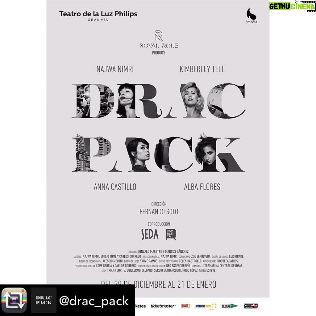 Alba Flores Instagram - Del 29 de Diciembre al 21 de Enero #dracpack_madrid #teatro #granvia #musica #fernandosoto @kimberleytell @najwanimri @nanitita #royalrole