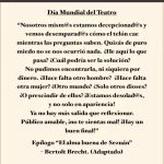 Alba Flores Instagram – Feliz #DiaMundialDelTeatro
@laextranacompania 
Seguiremos!