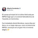 Alberto Fernández Instagram - El cuerpo principal de la turbina fabricada por IMPSA llegó ayer a la central hidroeléctrica de Yacyretá. Esta es su historia 👉