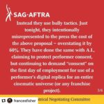 Alec Baldwin Instagram - During the years of my work in film and television, the need for studios and networks to maintain their profit margins at the expense of creative unions and crafts has been ongoing. However, now is a true crossroads. The AI controversy will be a crippling factor regarding the integrity and autonomy of our work. AMPTP members are incapable of negotiating in good faith because they truly don’t care. They would get rid of every actor and writer, eventually, if they could. All we have is our resolve.
