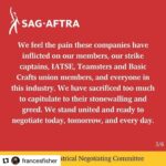 Alec Baldwin Instagram - During the years of my work in film and television, the need for studios and networks to maintain their profit margins at the expense of creative unions and crafts has been ongoing. However, now is a true crossroads. The AI controversy will be a crippling factor regarding the integrity and autonomy of our work. AMPTP members are incapable of negotiating in good faith because they truly don’t care. They would get rid of every actor and writer, eventually, if they could. All we have is our resolve.