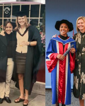Alex Scott Instagram - Took mama to uni with me 🖤

Thank you @officialqmul for awarding me an Honorary Fellowship for invaluable contribution to the world of sport, social purpose and inclusion… what a special day.

Slide 6: my friend Sarah graduated from the university 25 years ago, I was with her Celebrating her special day, fast forward to the present she came to celebrate with me 🥰