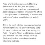 Alexey Navalny Instagram - Важно (for English, scroll right): Вчера администрация колонии, где сидит Навальный, все-таки устроила ту провокацию, о подготовке которой его предупреждал один из сотрудников. Адвокат Вадим Кобзев писал об этом 11 апреля. Когда Навального заводили из рабочей камеры в обычную, он обнаружил, что туда снова помещен его постоянный сосед, «бомж», доведенный на этот раз до совершенно животного состояния. Запах в камере был такой, что войти туда было невозможно. Навальный входить в камеру отказался и заявил администрации (на видеорегистратор), что против него осуществляется провокация. Администрация, зная, что по тюремным правилам он должен применить к сокамернику насилие, специально провоцирует его, чтобы получить повод для возбуждения уголовного дела. Навальный заявил, что не хочет применять насилие к осужденному Татарченкову, потому что тот сам является инструментом в руках тюремщиков, но если его силой заставят войти в камеру, то он будет вынужден сделать это незамедлительно, о чем прямо сейчас заявляет под видеозапись. Он потребовал, чтобы в соответствии с законом помощник начальника колонии получил информацию об угрозе здоровью осужденного и переместил его в безопасное место. Вместо этого прибывший на место замначальника колонии и группа оперативников сначала угрожали Навальному, а затем вызвали группу реагирования в бронежилетах и касках. После чего к Навальному была применена сила, и его затащили в камеру. Во время этого не оказывавший никакого сопротивления Навальный получил удар коленом в пах (также зафиксировано на видео). Оказавшись в камере, Навальный насилие по отношению к сокамернику не применил, однако, схватив за шиворот, потащил его к выходу. После чего был блокирован и прижат к стене группой реагирования. Ну а дальше присутствовавшее начальство колонии радостно сообщило Навальному, что против него будет возбуждено уголовное дело по статье 321 УК РФ (дезорганизация деятельности учреждений, обеспечивающих изоляцию от общества, до 5 лет), и пошло оформлять бумажки, забрав с собой несчастного «бомжа». Защита Навального возмущена такой откровенной циничной провокацией и требует незамедлительного реагирования от руководства ФСИН и прокуратуры.