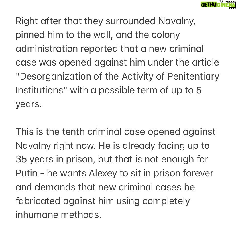 Alexey Navalny Instagram - Важно (for English, scroll right): Вчера администрация колонии, где сидит Навальный, все-таки устроила ту провокацию, о подготовке которой его предупреждал один из сотрудников. Адвокат Вадим Кобзев писал об этом 11 апреля. Когда Навального заводили из рабочей камеры в обычную, он обнаружил, что туда снова помещен его постоянный сосед, «бомж», доведенный на этот раз до совершенно животного состояния. Запах в камере был такой, что войти туда было невозможно. Навальный входить в камеру отказался и заявил администрации (на видеорегистратор), что против него осуществляется провокация. Администрация, зная, что по тюремным правилам он должен применить к сокамернику насилие, специально провоцирует его, чтобы получить повод для возбуждения уголовного дела. Навальный заявил, что не хочет применять насилие к осужденному Татарченкову, потому что тот сам является инструментом в руках тюремщиков, но если его силой заставят войти в камеру, то он будет вынужден сделать это незамедлительно, о чем прямо сейчас заявляет под видеозапись. Он потребовал, чтобы в соответствии с законом помощник начальника колонии получил информацию об угрозе здоровью осужденного и переместил его в безопасное место. Вместо этого прибывший на место замначальника колонии и группа оперативников сначала угрожали Навальному, а затем вызвали группу реагирования в бронежилетах и касках. После чего к Навальному была применена сила, и его затащили в камеру. Во время этого не оказывавший никакого сопротивления Навальный получил удар коленом в пах (также зафиксировано на видео). Оказавшись в камере, Навальный насилие по отношению к сокамернику не применил, однако, схватив за шиворот, потащил его к выходу. После чего был блокирован и прижат к стене группой реагирования. Ну а дальше присутствовавшее начальство колонии радостно сообщило Навальному, что против него будет возбуждено уголовное дело по статье 321 УК РФ (дезорганизация деятельности учреждений, обеспечивающих изоляцию от общества, до 5 лет), и пошло оформлять бумажки, забрав с собой несчастного «бомжа». Защита Навального возмущена такой откровенной циничной провокацией и требует незамедлительного реагирования от руководства ФСИН и прокуратуры.